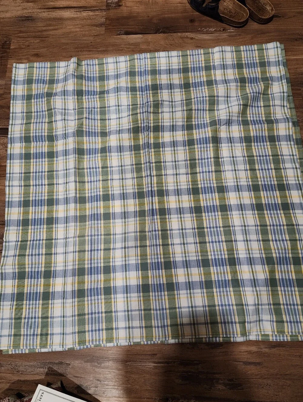 Blue, green, yellow and white plaid curtains